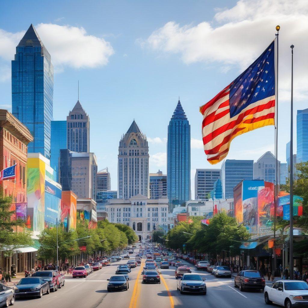 A vibrant montage of Atlanta's skyline featuring the iconic Georgia State Capitol and the bustling city streets, filled with diverse people engaging in cultural activities like music and art. Incorporate elements of local events like food festivals and sports, with colorful banners and flags fluttering in the breeze. The scene should have a lively atmosphere, showcasing the energy and diversity of Atlanta's happenings. super-realistic. vibrant colors. white background.