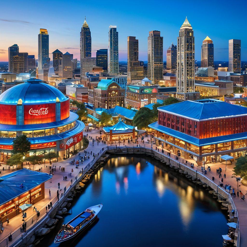 A vibrant cityscape of Atlanta featuring iconic landmarks like the Georgia Aquarium and the World of Coca-Cola, intertwined with local events and community gatherings showcased in dynamic, colorful scenes. Include diverse people enjoying the culture, food stalls, and art activities under a bright blue sky, symbolizing the city's lively spirit. super-realistic. vivid colors. 3D.