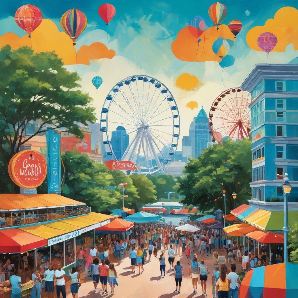 A vibrant collage of Atlanta's iconic landmarks, featuring the SkyView Ferris wheel, the Georgia Aquarium, and a lively street festival with diverse people enjoying local food and music. Integrate dynamic elements like floating speech bubbles with stories and updates, surrounded by lush greenery. The scene should evoke a sense of discovery and community. painting. vibrant colors. whimsical style.